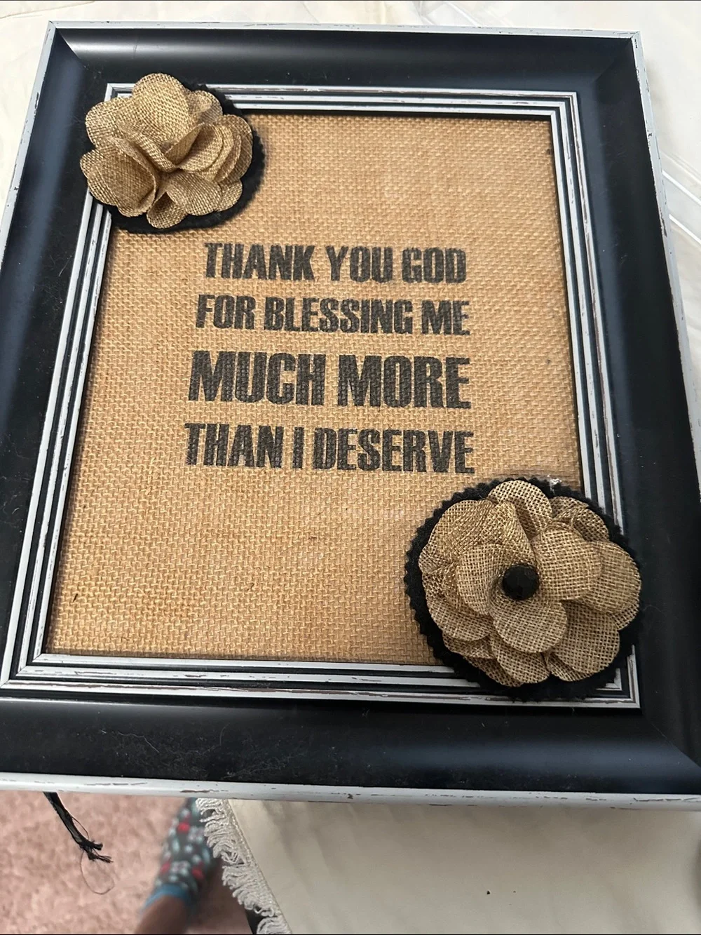 Framed Burlap Blessing Sign with Black frame & wire wrapped cross